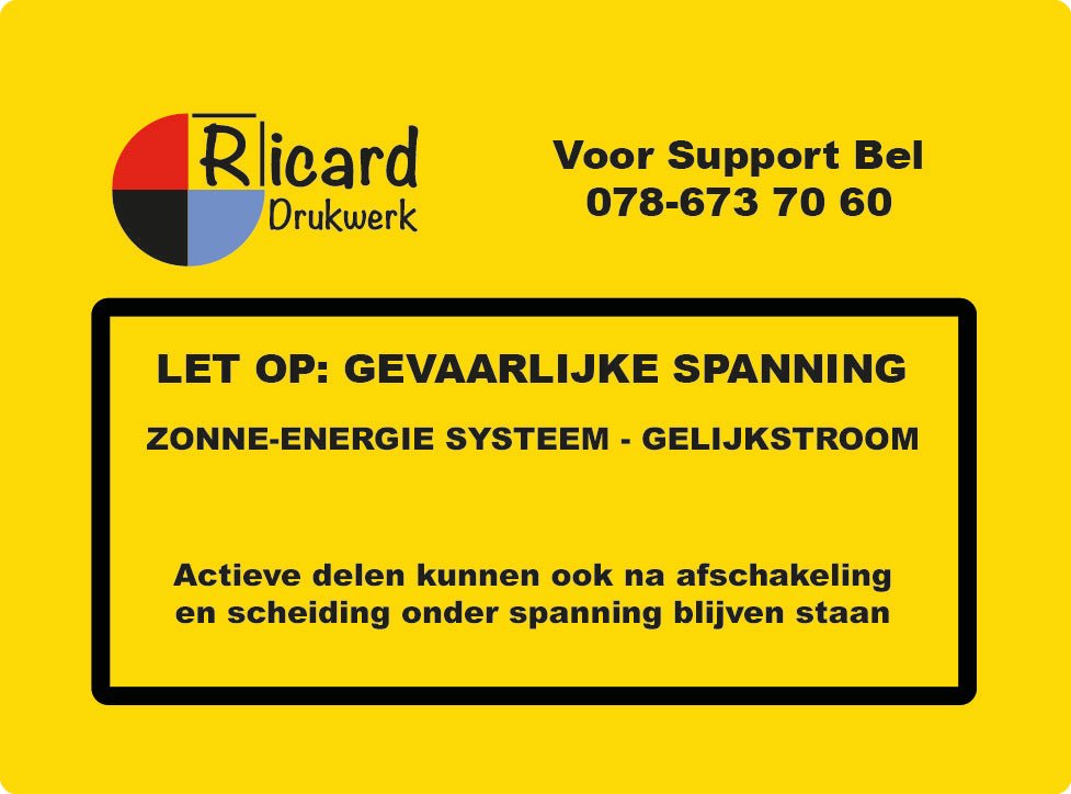 PV Sticker met eigen LOGO - Zonne-Energie systeem NEN1010 - LET OP: Gevaarlijke spanning Ricard Pictogram stickers - 743693