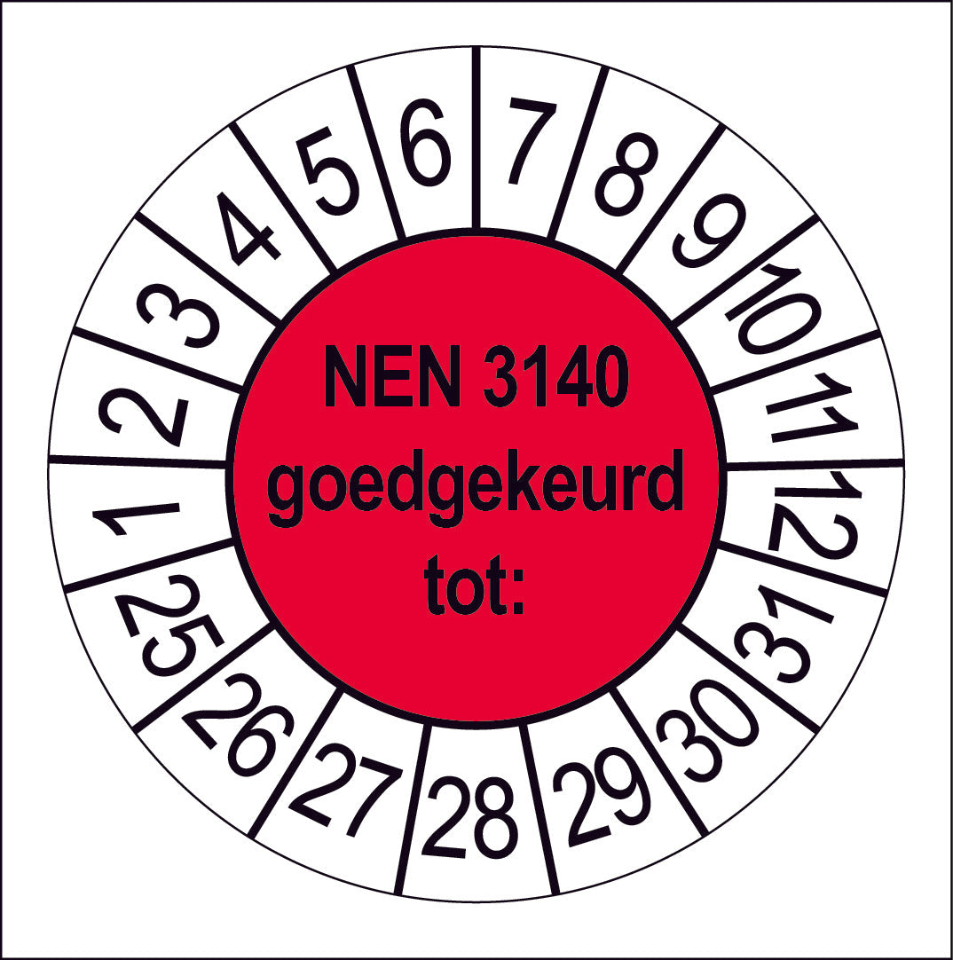 50 Keuringsstickers NEN 3140 Goedgekeurd tot: Rond 35 mm jaartal 25 tot 31