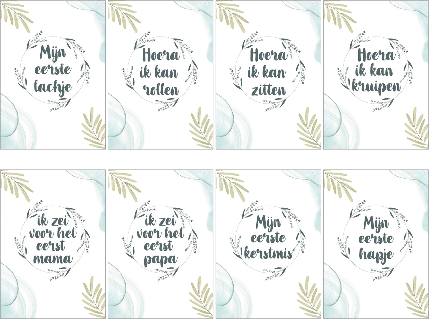 Set van 24x Mijlpaalteksten en 25 Babyshowerkaarten | Grote kaarten (148 mm bij 210 mm) - Ricard Pictogram stickers -