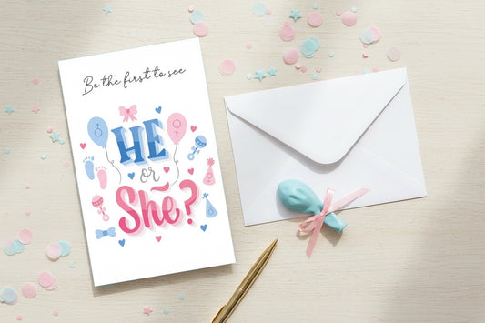 Gender reveal uitnodiging He or She met envelop en confetti
