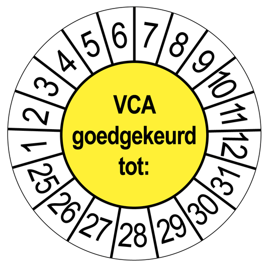 Keuringssticker VCA Goedgekeurd, geel met witte cijferrand, rond 35 mm vinyl