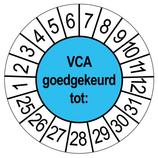 Keuringssticker VCA Goedgekeurd, blauw met witte cijferrand, rond 35 mm vinyl