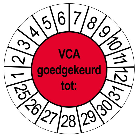 Keuringssticker VCA Goedgekeurd, rood met witte cijferrand, rond 35 mm vinyl