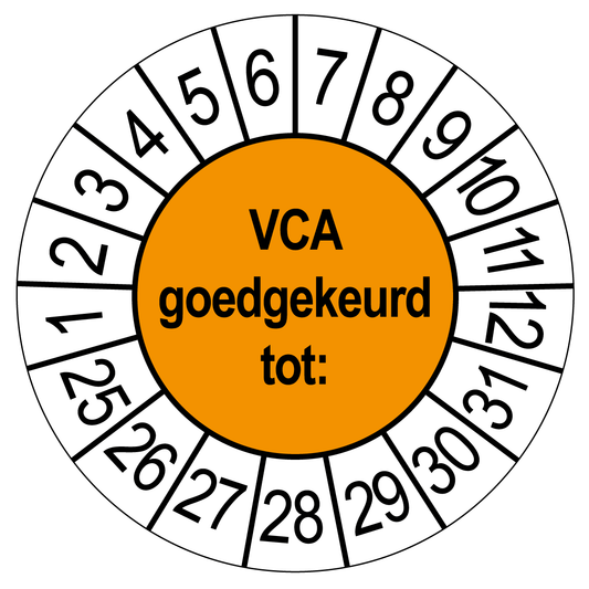 Keuringssticker VCA Goedgekeurd, oranje met witte cijferrand, rond 35 mm vinyl