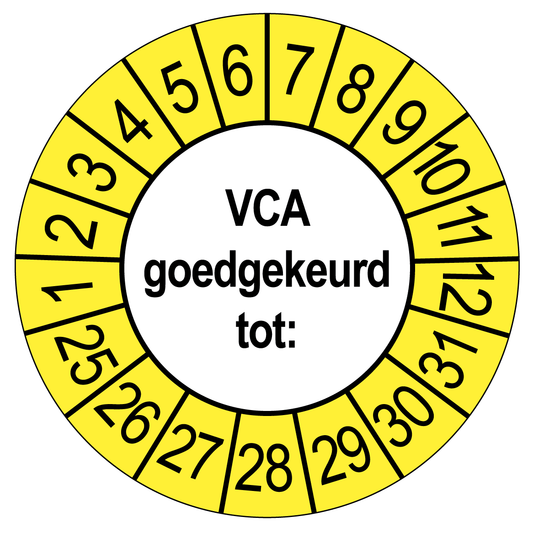Keuringssticker VCA Goedgekeurd, wit met gele buitenrand, rond 35 mm vinyl