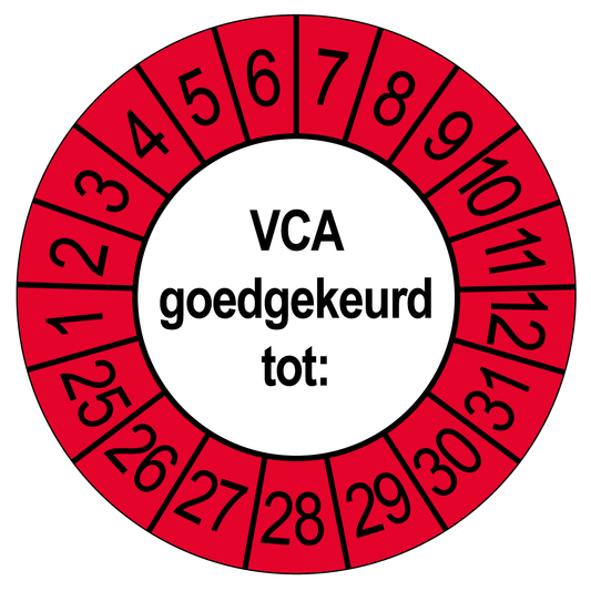 Keuringssticker VCA Goedgekeurd, wit met rode buitenrand, rond 35 mm vinyl