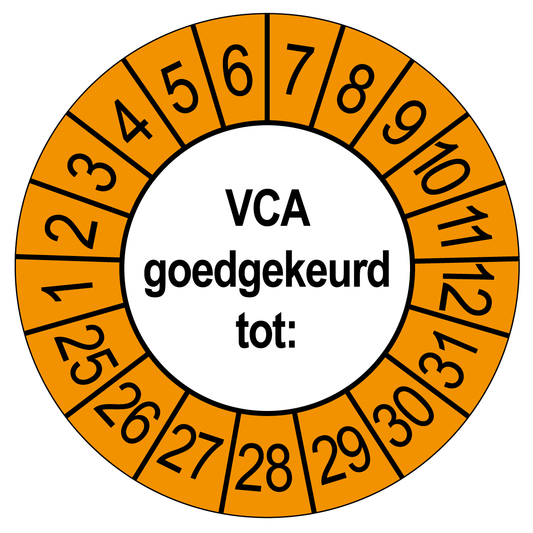 Keuringssticker VCA Goedgekeurd, wit met oranje buitenrand, rond 35 mm vinyl