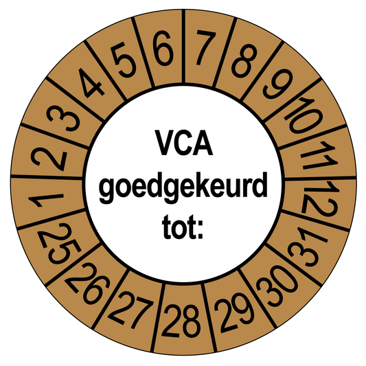 Keuringssticker VCA Goedgekeurd, wit met bruine buitenrand, rond 35 mm vinyl