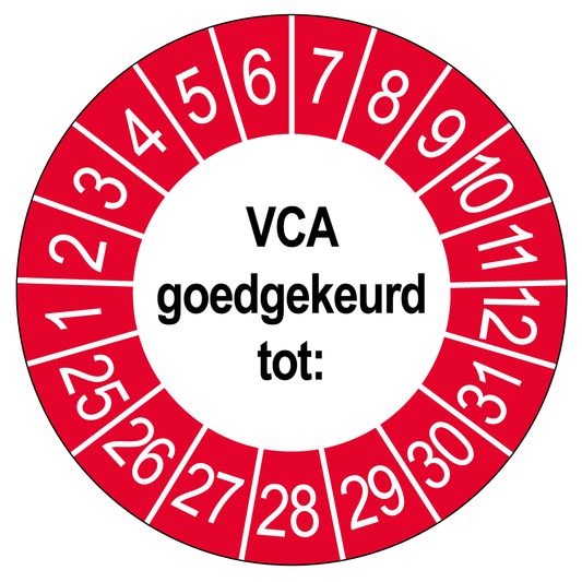 Keuringssticker VCA Goedgekeurd, wit met rood-witte buitenrand, rond 35 mm vinyl