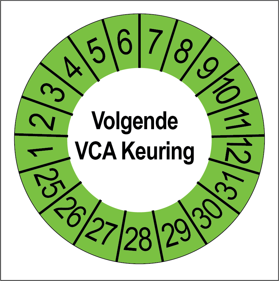 Keuringsstickers Volgende VCA Keuring Groene Buitenrand - Rond 35 mm - Ricard