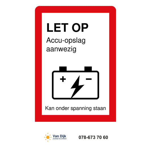 Accu-sticker 35 x 60 mm met het waarschuwingsplaatje bovenaan en het logo onderin