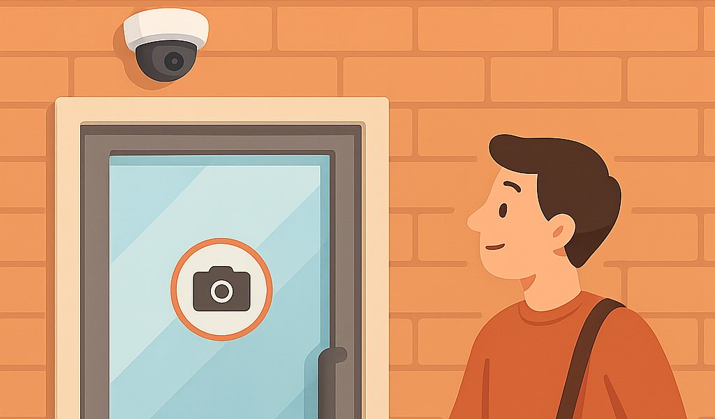Persoon loopt een ingang binnen met een beveiligingscamera boven de deur en een camerabewaking sticker op het glas
