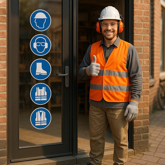 Vakman met helm, gehoorbescherming, veiligheidsbril, hesje en handschoenen bij een deur vol blauwe gebodsstickers