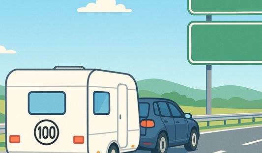 Auto met witte caravan op de Duitse snelweg met een ronde Tempo 100 sticker op de achterkant