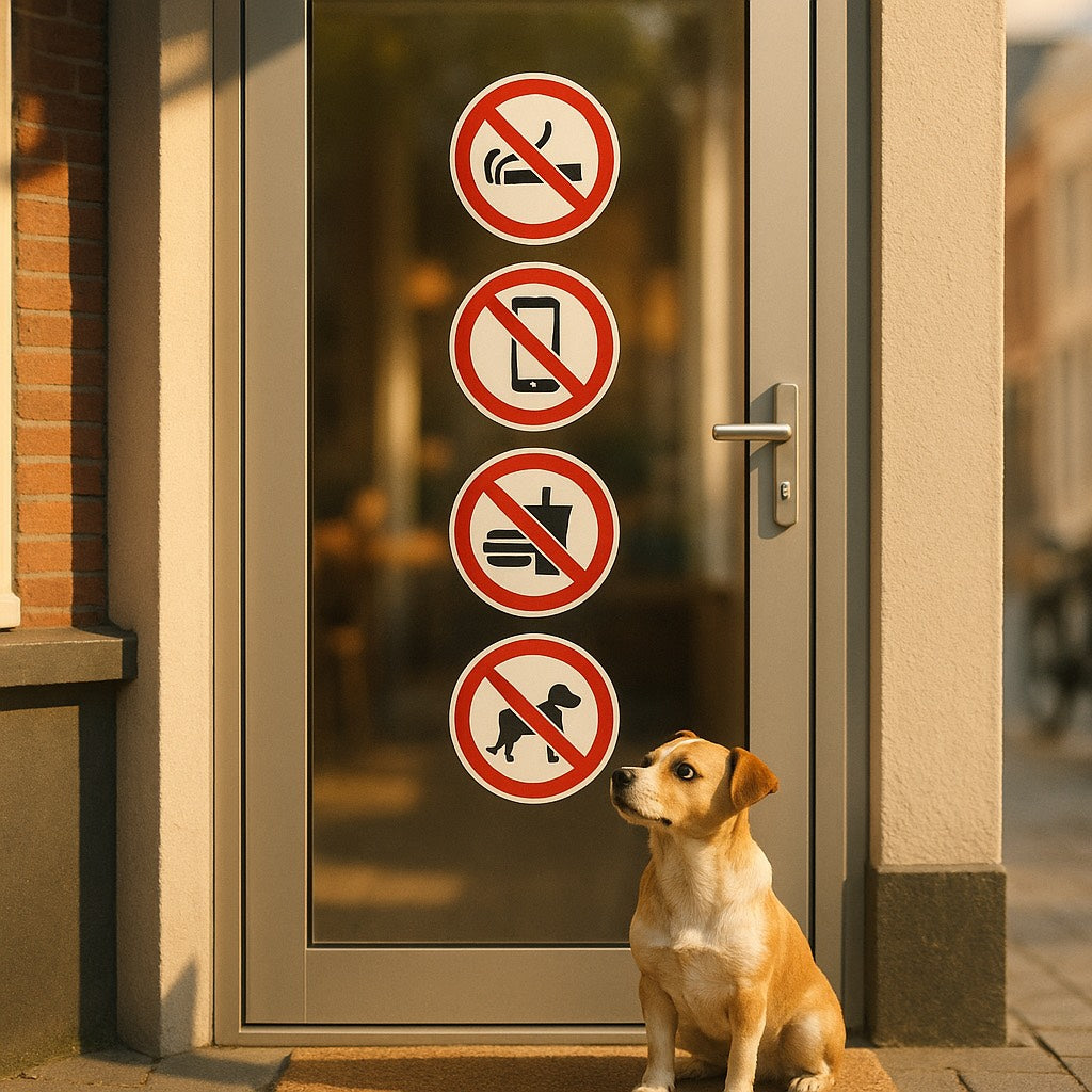 Hondje kijkt naar verbodsstickers op een glazen deur, waaronder verboden voor honden