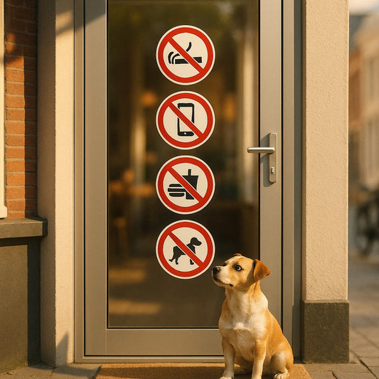 Hondje kijkt naar verbodsstickers op een glazen deur, waaronder verboden voor honden