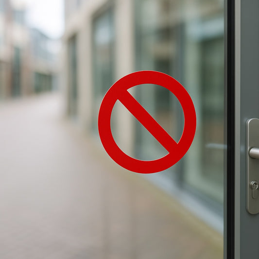 Rode ronde verbodssticker op de glazen deur van een bedrijfspand