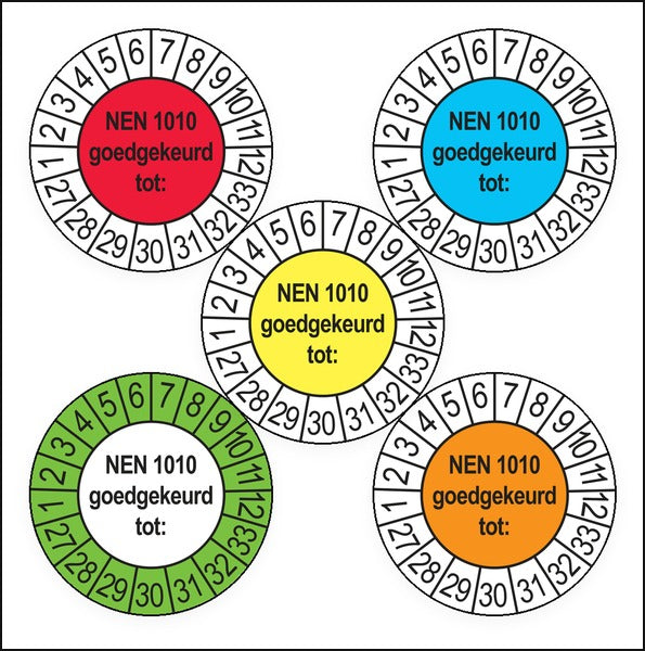 Keuringsstickers NEN 1010 2027 in 5 kleuren