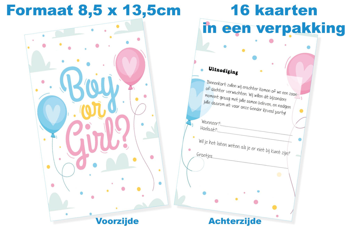 16 x Gender Reveal uitnodiging feest - Babyshower - kaarten met enveloppen - Ricard Pictogram stickers -