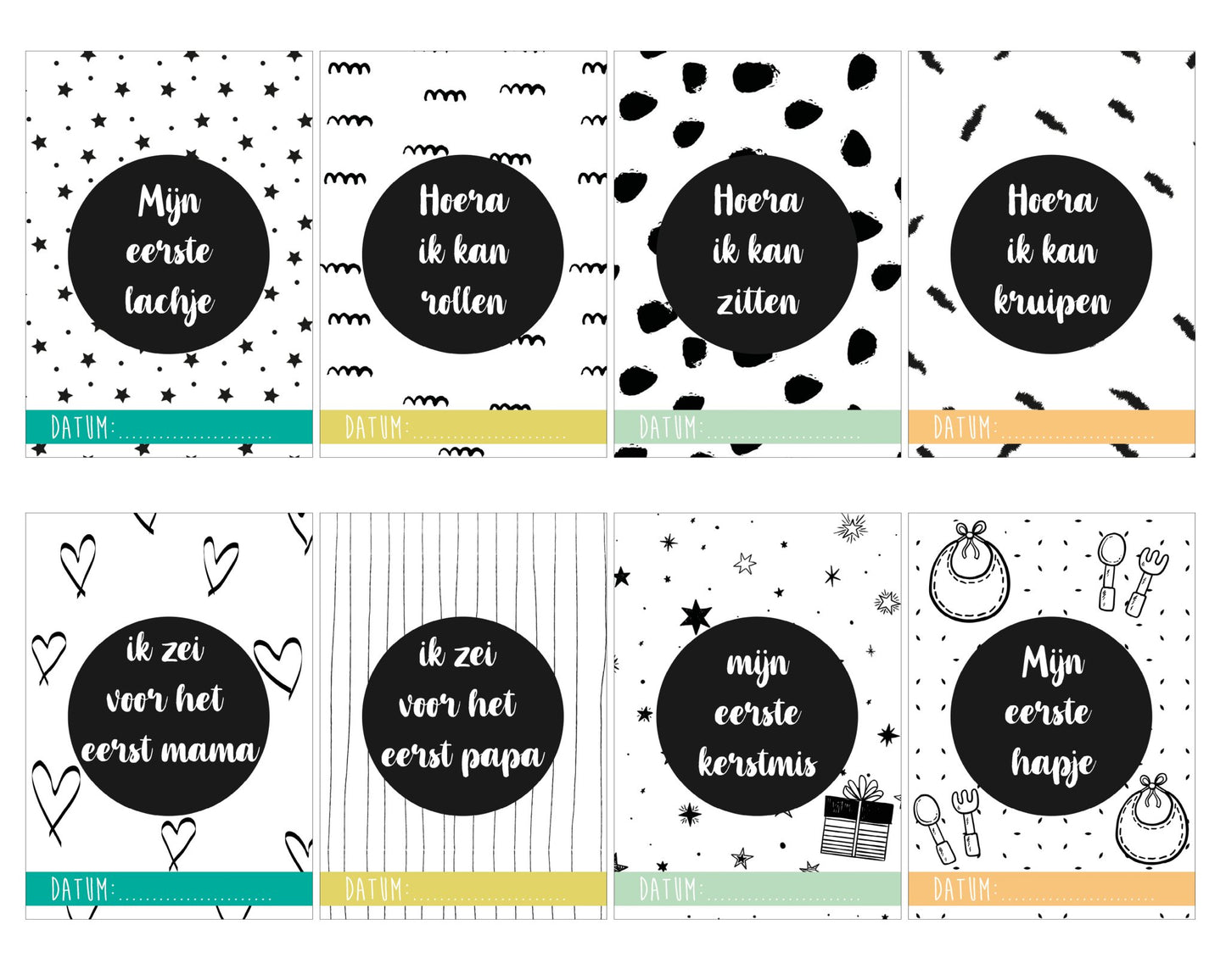 24x Mijlpaalteksten | 24 Milestone Tekst | Grote kaarten (148 mm bij 210 mm) - Milestone01 - Ricard Pictogram stickers -