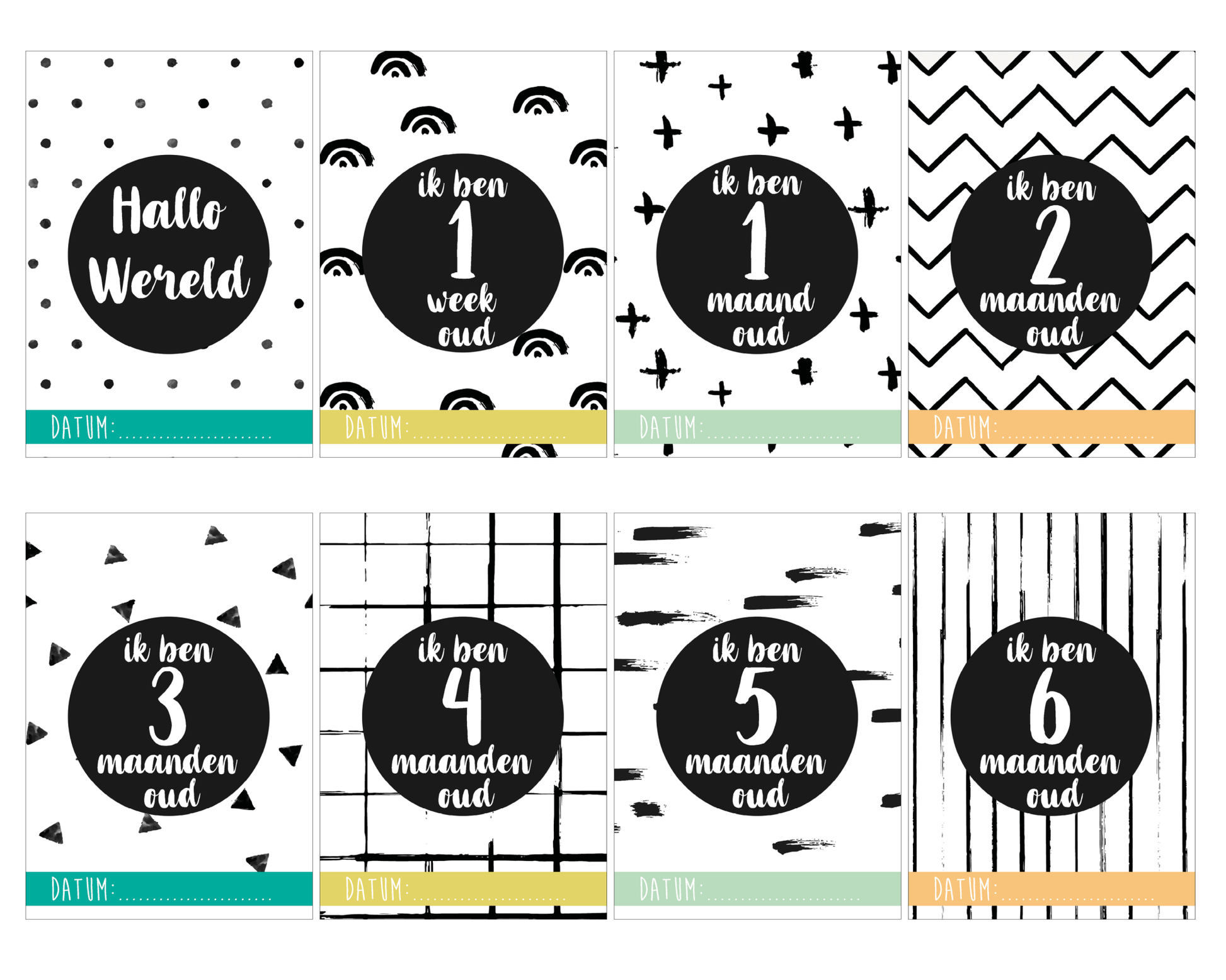 24x Mijlpaalteksten | 24 Milestone Tekst | Grote kaarten (148 mm bij 210 mm) - Milestone01 - Ricard Pictogram stickers -