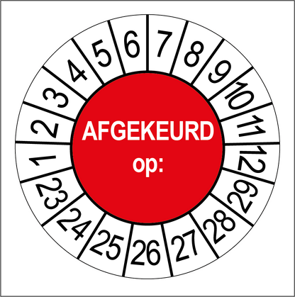 AFGEKEURD keuringssticker, rood met witte tekst, rond 35 mm vinyl