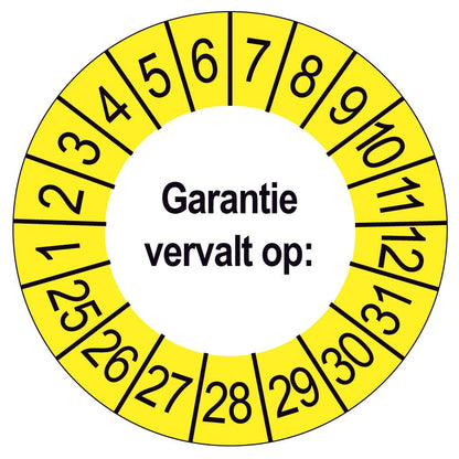 Keuringssticker Garantie vervalt op, wit met gele buitenrand, rond 35 mm vinyl
