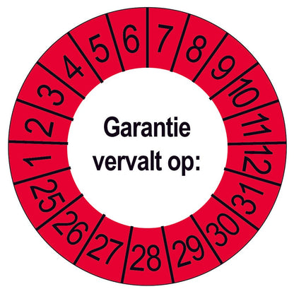 Keuringssticker Garantie vervalt op, wit met rode buitenrand, rond 35 mm vinyl