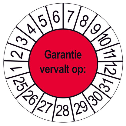 Keuringssticker Garantie vervalt op, rood met witte cijferrand, rond 35 mm vinyl