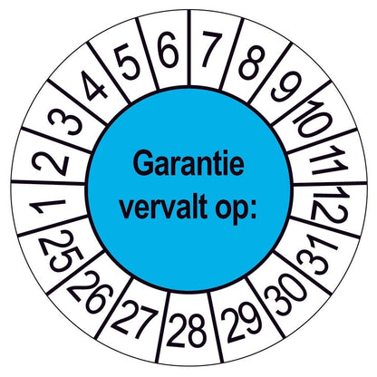 Keuringssticker Garantie vervalt op, blauw met witte cijferrand, rond 35 mm vinyl