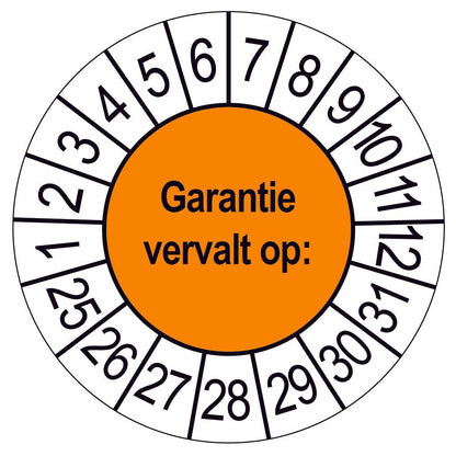Keuringssticker Garantie vervalt op, oranje met witte cijferrand, rond 35 mm vinyl