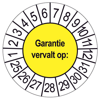 Keuringssticker Garantie vervalt op, geel met witte cijferrand, rond 35 mm vinyl
