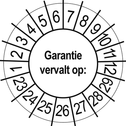 Keuringssticker Garantie vervalt op, wit met zwarte opdruk, rond 35 mm vinyl