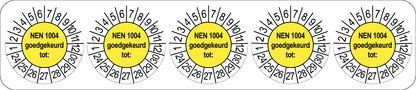 50 Keuringsstickers NEN 1004 Goedgekeurd tot: Rond 35 mm strips van 5 stuks - Ricard Pictogram stickers -
