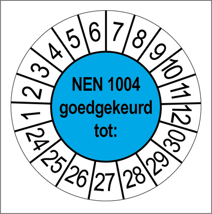 Keuringssticker NEN 1004 goedgekeurd, blauw met witte cijferrand, rond 35 mm vinyl