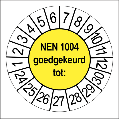 Keuringssticker NEN 1004 goedgekeurd, geel met witte cijferrand, rond 35 mm vinyl