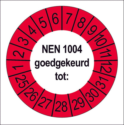 Keuringssticker NEN 1004 goedgekeurd, wit met rode buitenrand, rond 35 mm vinyl