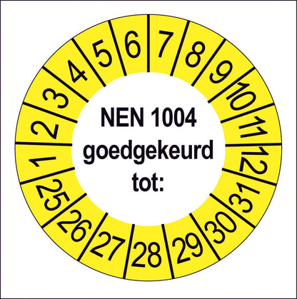 Keuringssticker NEN 1004 goedgekeurd, wit met gele buitenrand, rond 35 mm vinyl