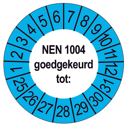 Keuringssticker NEN 1004 goedgekeurd, wit met blauwe buitenrand, rond 35 mm vinyl