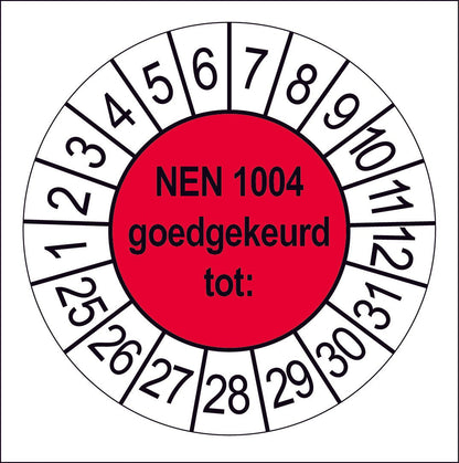 Keuringssticker NEN 1004 goedgekeurd, rood met witte cijferrand, rond 35 mm vinyl