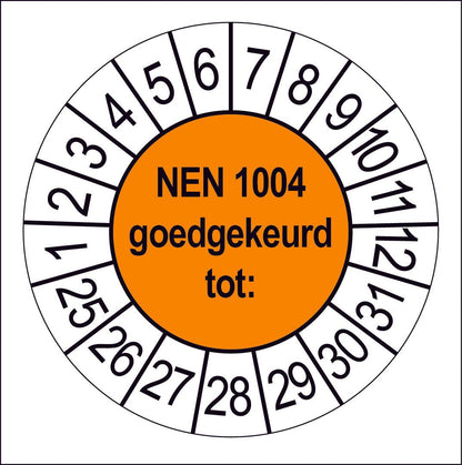 Keuringssticker NEN 1004 goedgekeurd, oranje met witte cijferrand, rond 35 mm vinyl