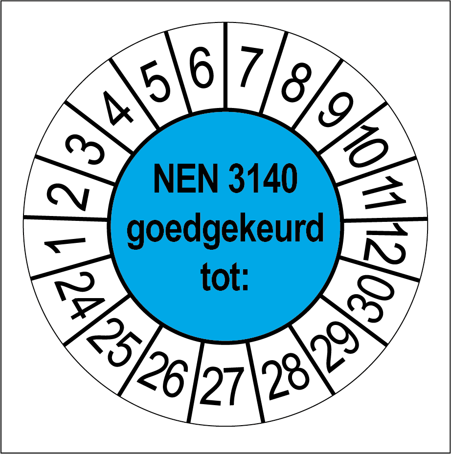 50 Keuringsstickers NEN 3140 Goedgekeurd tot: ,Rond 35 mm strips van 5 stuks - Ricard Pictogram stickers 