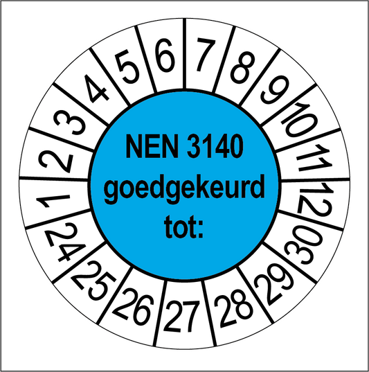 50 Keuringsstickers NEN 3140 Goedgekeurd tot: ,Rond 35 mm strips van 5 stuks - Ricard Pictogram stickers 