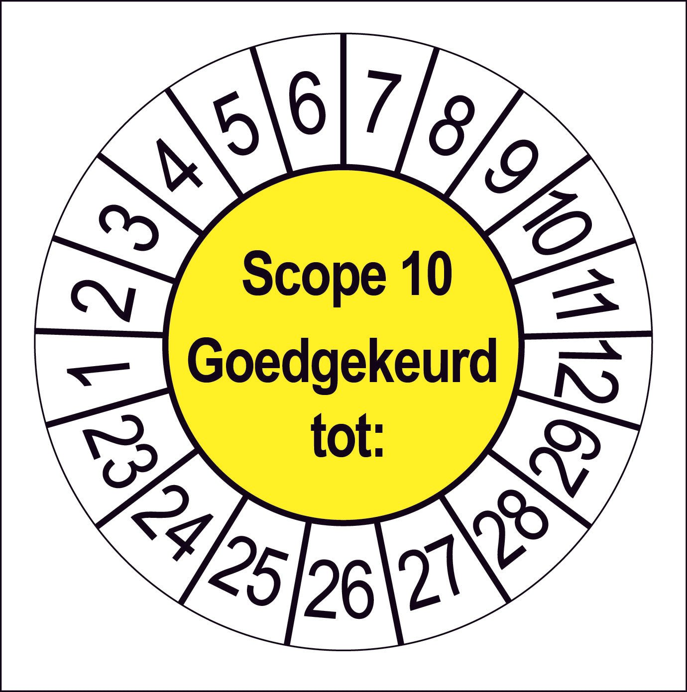 Keuringssticker SCIOS Scope 10, geel middenveld met witte cijferrand, rond 35 mm vinyl