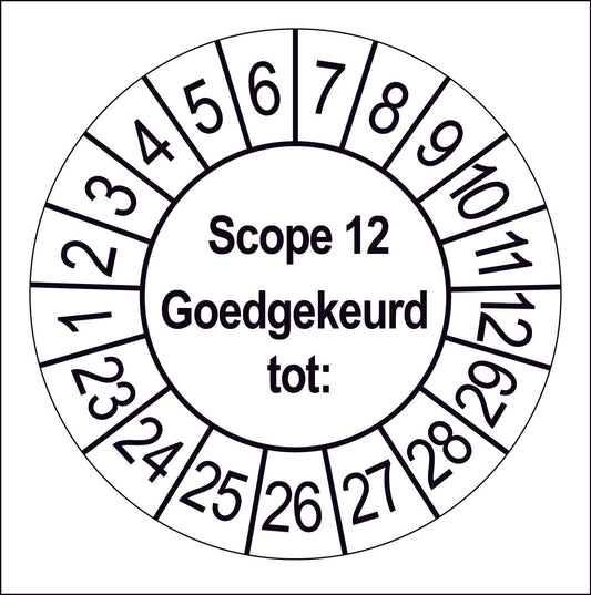 Keuringssticker SCIOS Scope 12, wit met zwarte opdruk, rond 35 mm vinyl