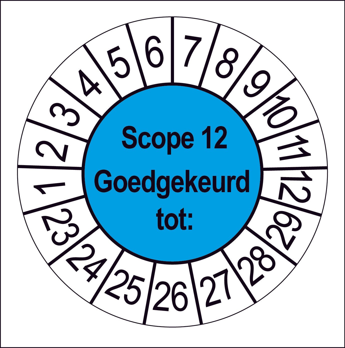Keuringssticker SCIOS Scope 12, blauw middenveld met witte cijferrand, rond 35 mm vinyl