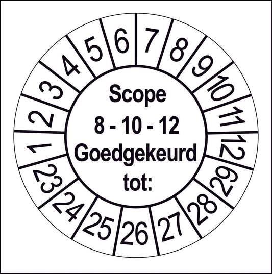 Keuringssticker SCIOS Scope 8, 10 en 12, wit met zwarte opdruk, rond 35 mm vinyl