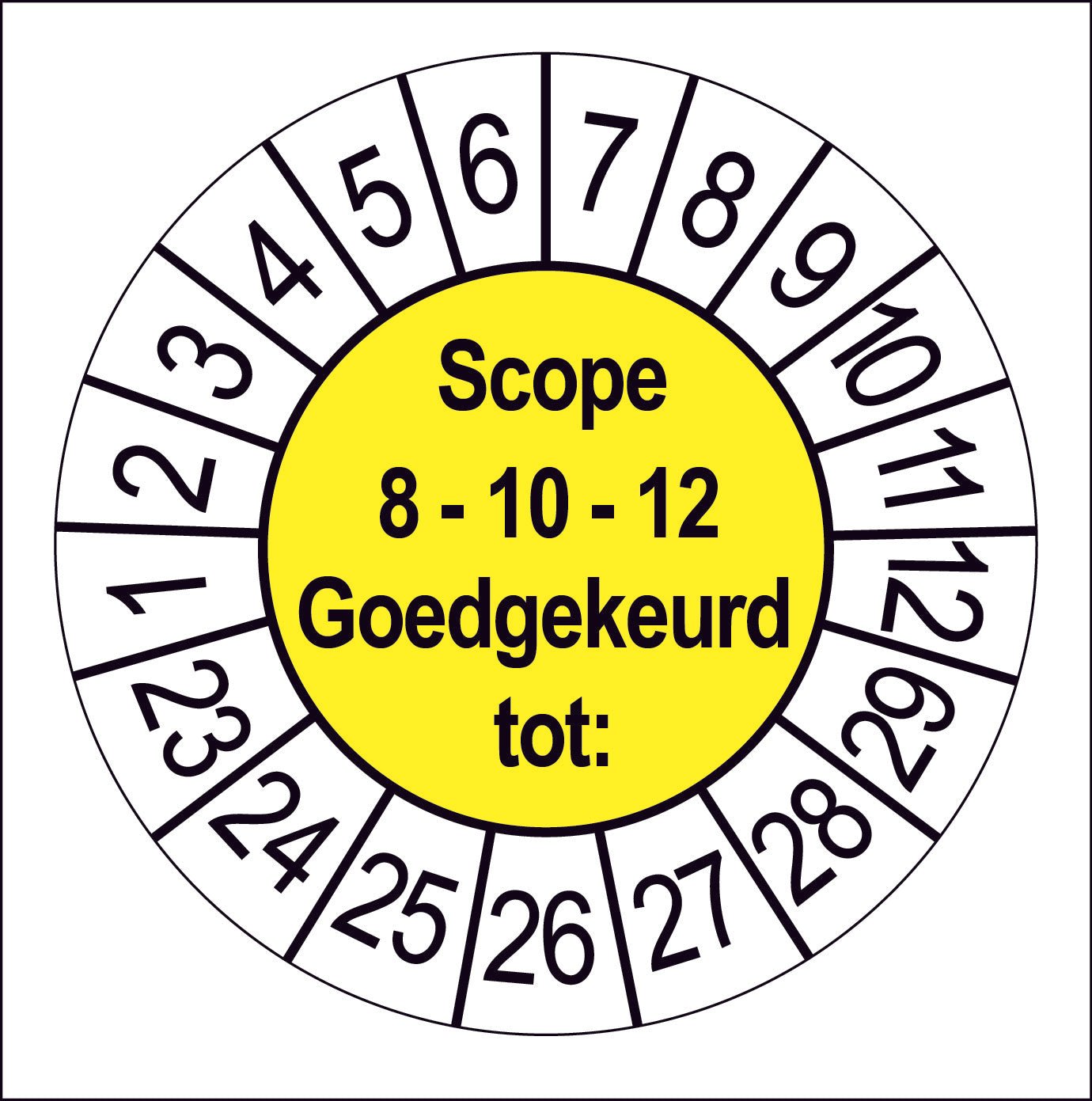 Keuringssticker SCIOS Scope 8, 10 en 12, geel middenveld met witte cijferrand, rond 35 mm vinyl