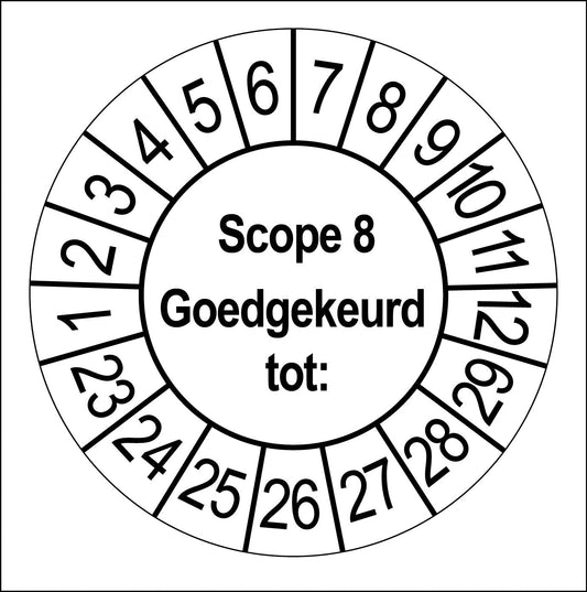 Keuringssticker SCIOS Scope 8, wit met zwarte opdruk, rond 35 mm vinyl