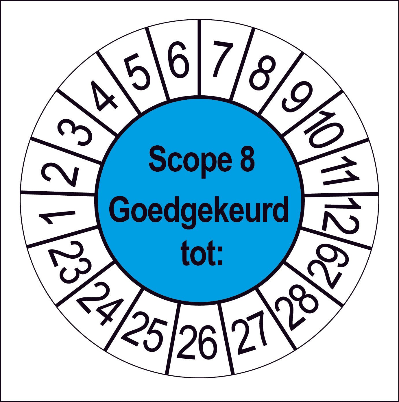 Keuringssticker SCIOS Scope 8, blauw middenveld met witte cijferrand, rond 35 mm vinyl